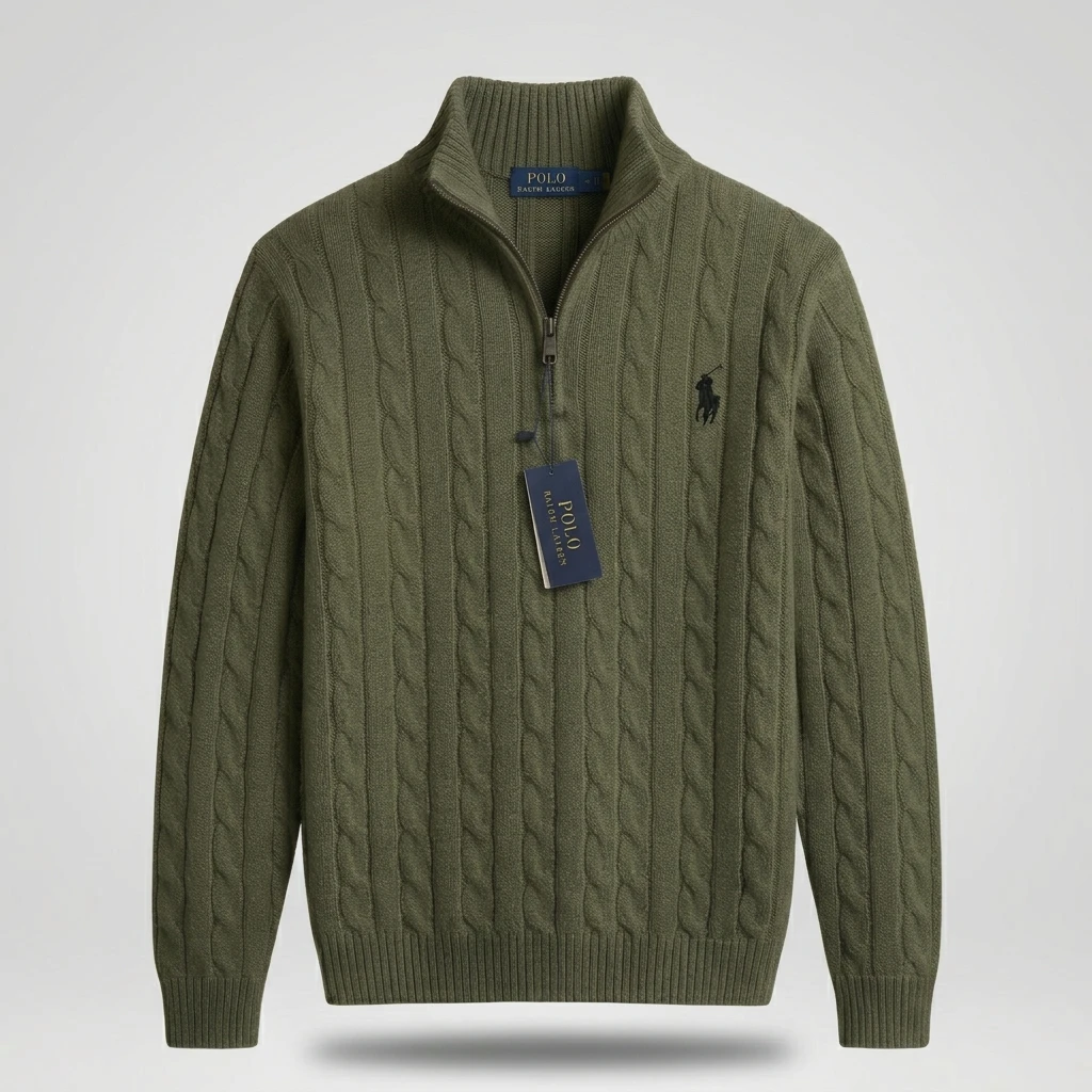 Men's Olive Green Cable-Knit Quarter-Zip Sweater