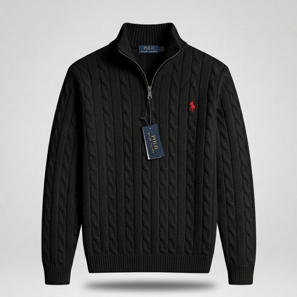 Men's Classic Black Cable-Knit Quarter-Zip Sweater