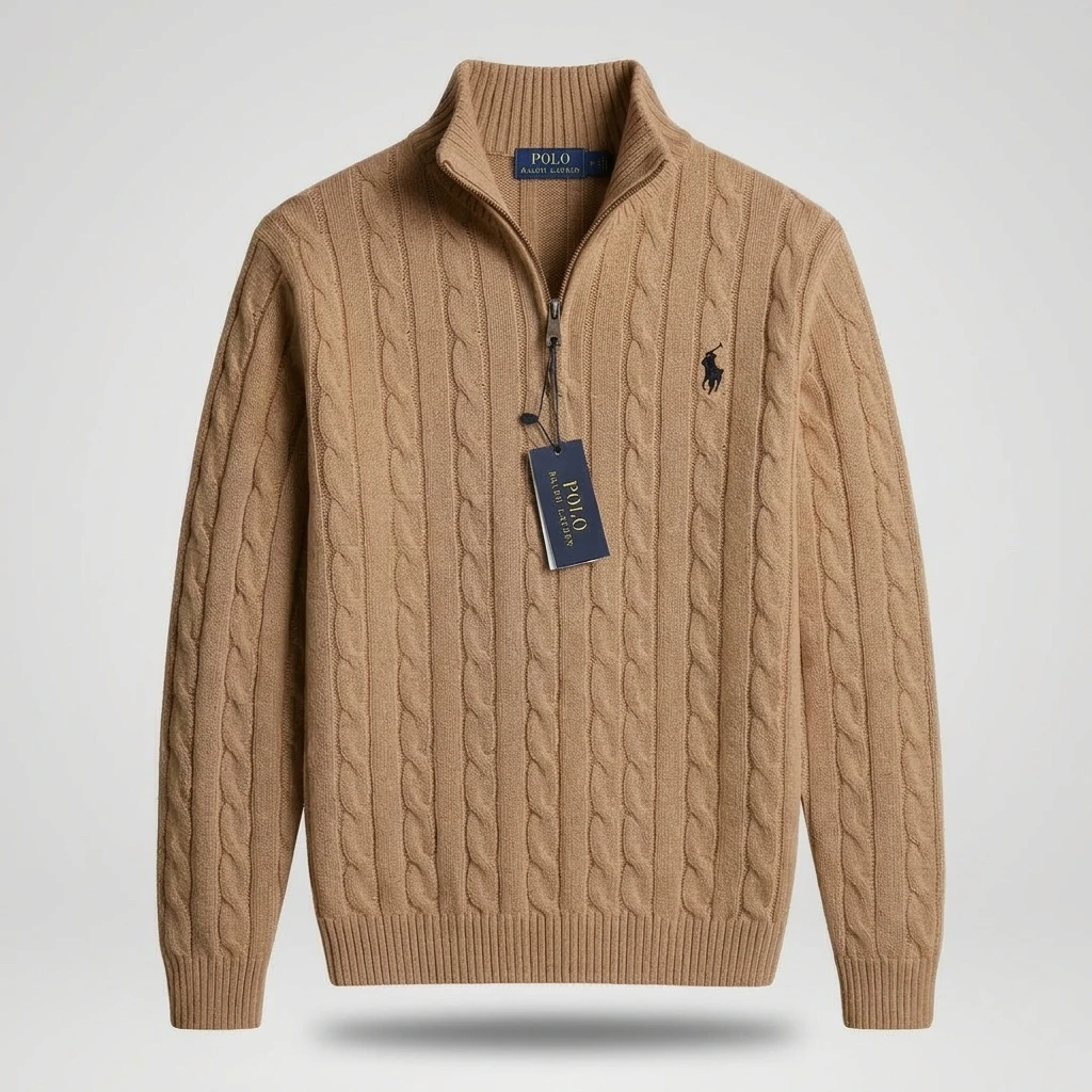 Men's Beige Cable-Knit Quarter-Zip Sweater